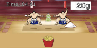お相撲さんが土俵入り前に投げた塩、ポテトにかけるゲームのゲーム画面「矢印キーで移動」