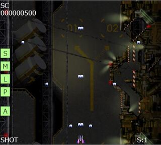 SUPER COSMO SOLDIERのゲーム画面「ショット。多方向への攻撃が強みです。」