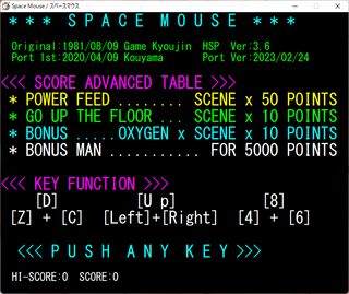 スペースマウスのゲーム画面「インスト画面。素気ないのはオリジナルからですが(^^;ゲームの基本も思いの他単純なので…」