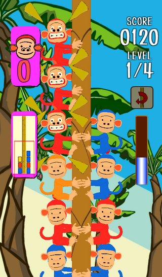 サルパのゲーム画面「同じ色のサルが3匹揃うとGood!」