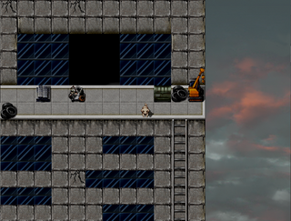 おしりんくんのゲーム画面「夕暮れの空に佇む廃墟と犬」