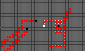 YOURGAMEのゲーム画面「白が自分、黒が敵です。移動すると赤い床を残します。」