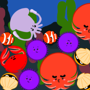 海中物語(スイカゲーム風)のゲーム画面「かわいい海の生物」